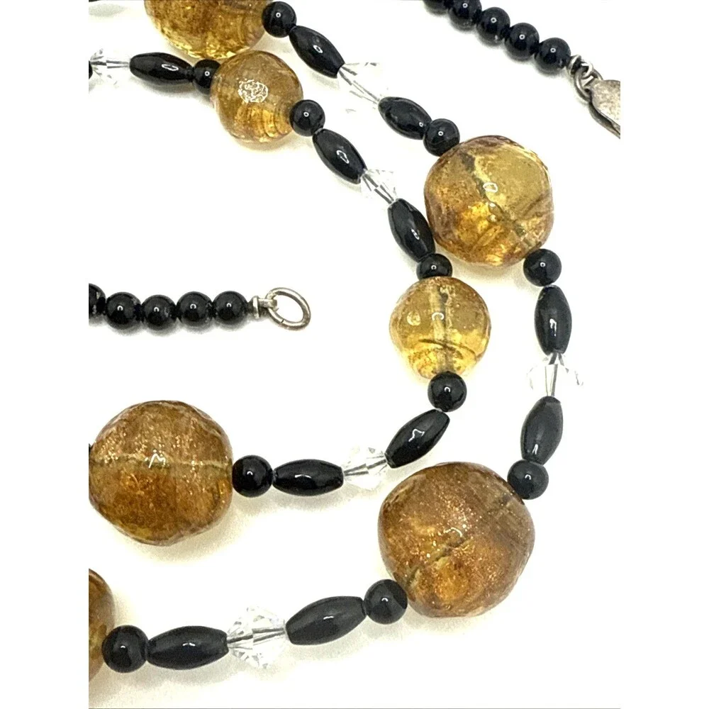 Lampwork Glass Bead Necklace Amber Black Crystal 925 Sterling Silver Clasp 26